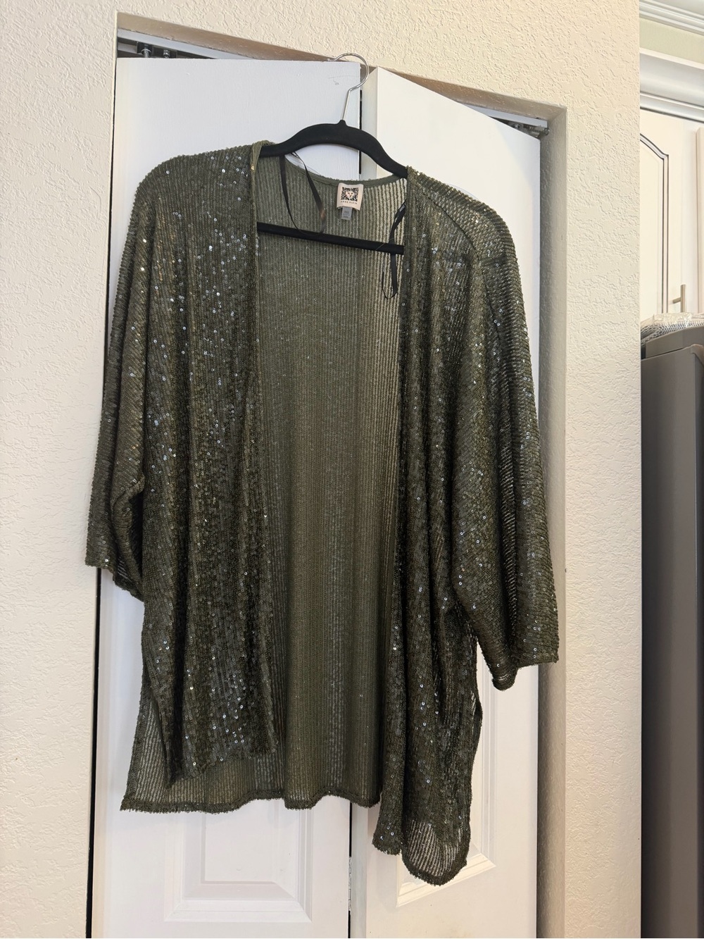 Anne Klein Olive Green Sequin Open-Front Kimono Shrug